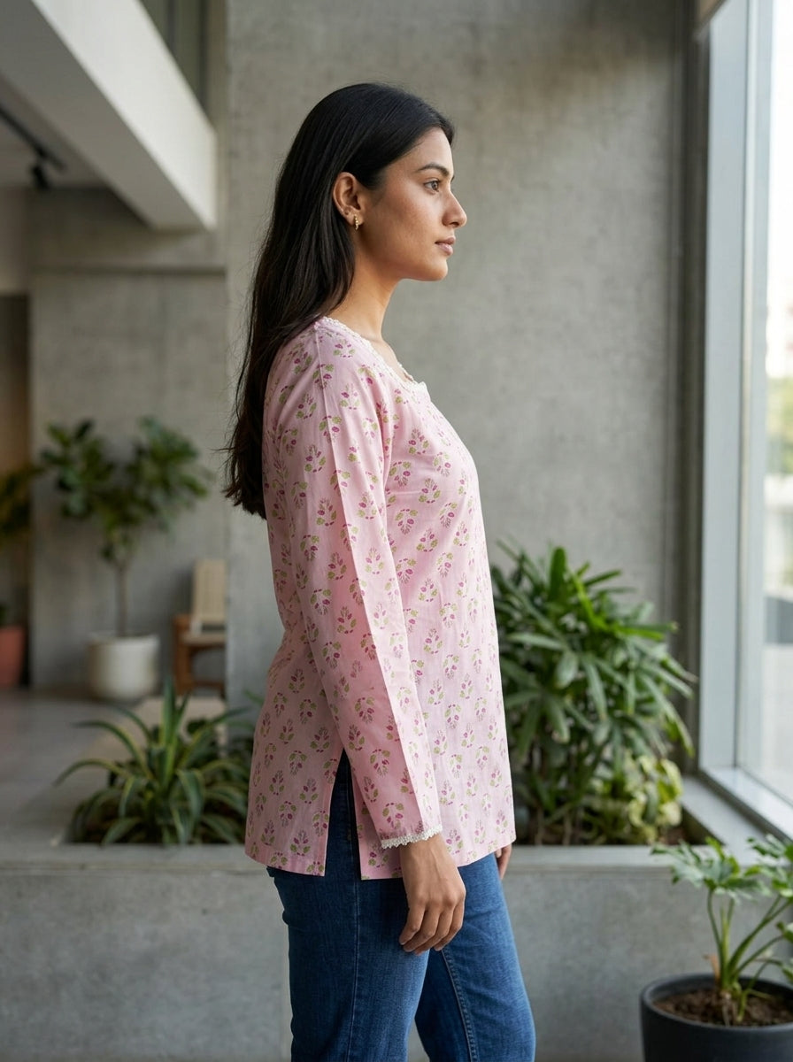 Pink Floral Cotton Lace-Back Top