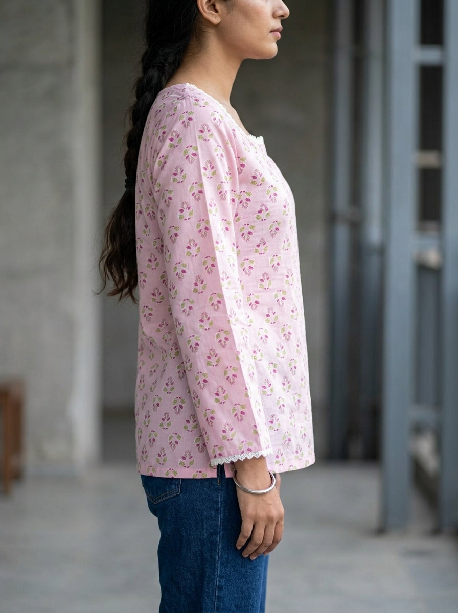 Pink Floral Cotton Lace-Back Top