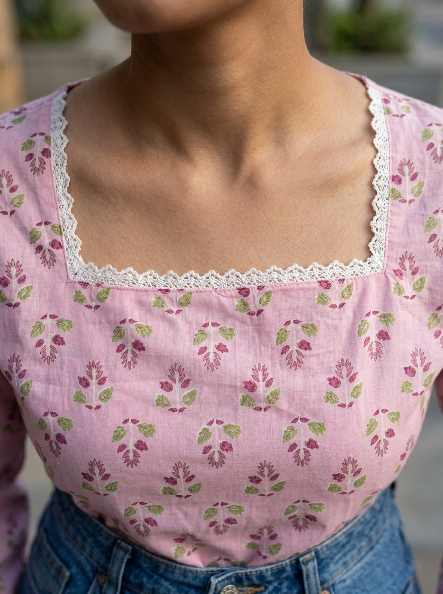 Pink Floral Cotton Lace-Back Top