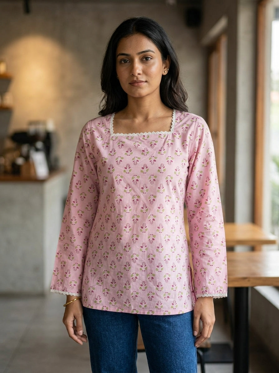 Pink Floral Cotton Lace-Back Top