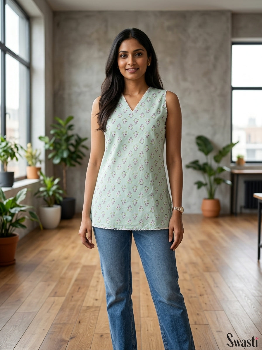Mint Floral Cotton Lace-Back Sleeveless Top