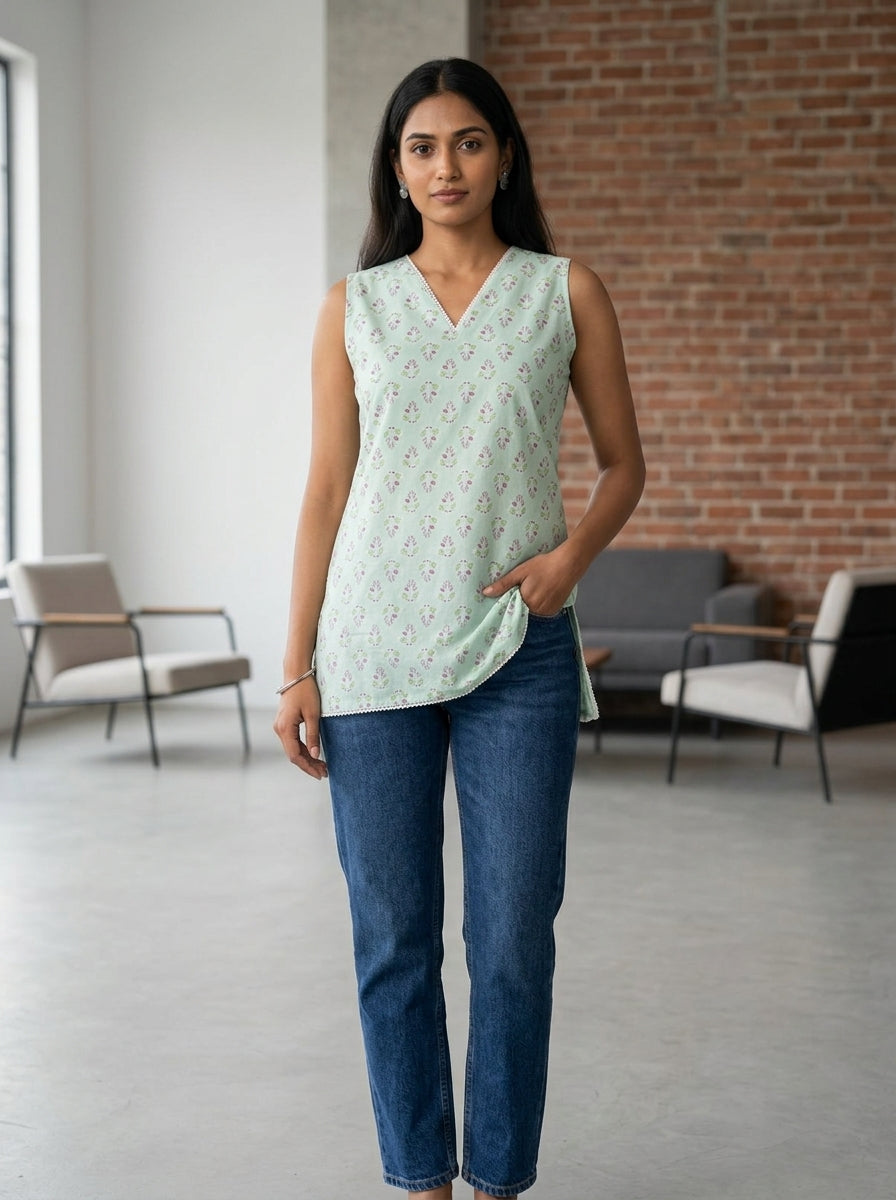 Mint Floral Cotton Lace-Back Sleeveless Top