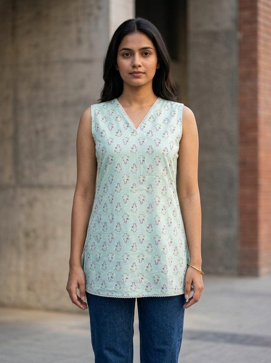 Mint Floral Cotton Lace-Back Sleeveless Top