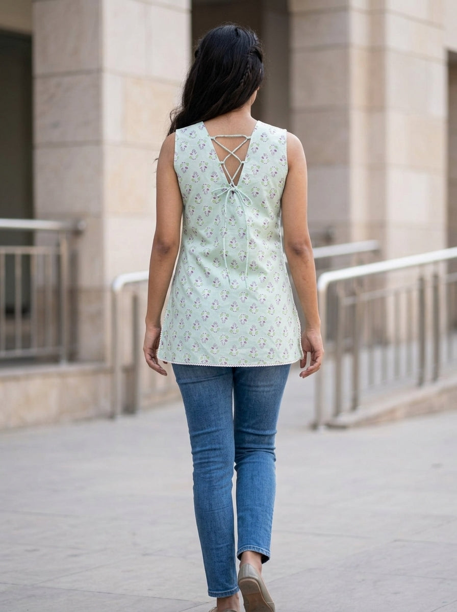 Mint Floral Cotton Lace-Back Sleeveless Top