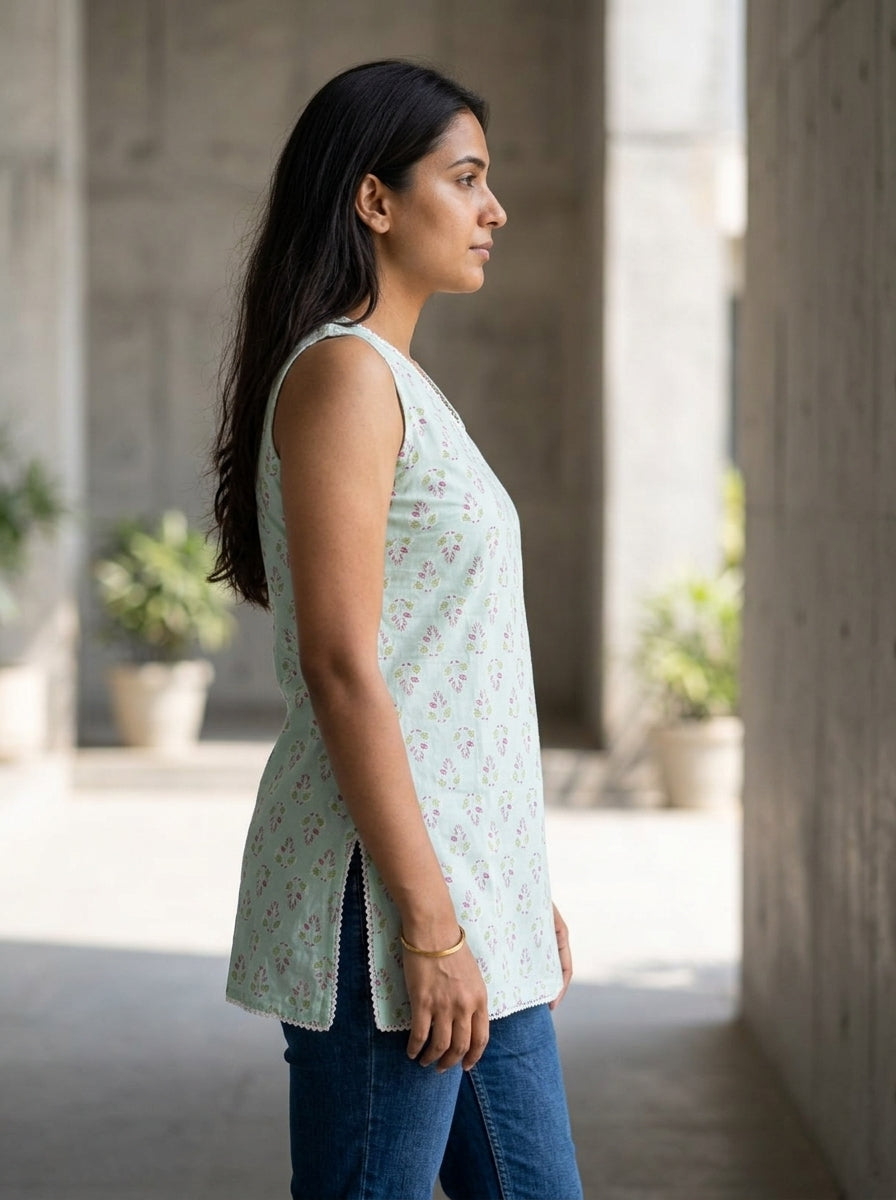 Mint Floral Cotton Lace-Back Sleeveless Top