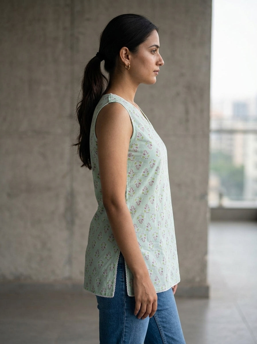 Mint Floral Cotton Lace-Back Sleeveless Top