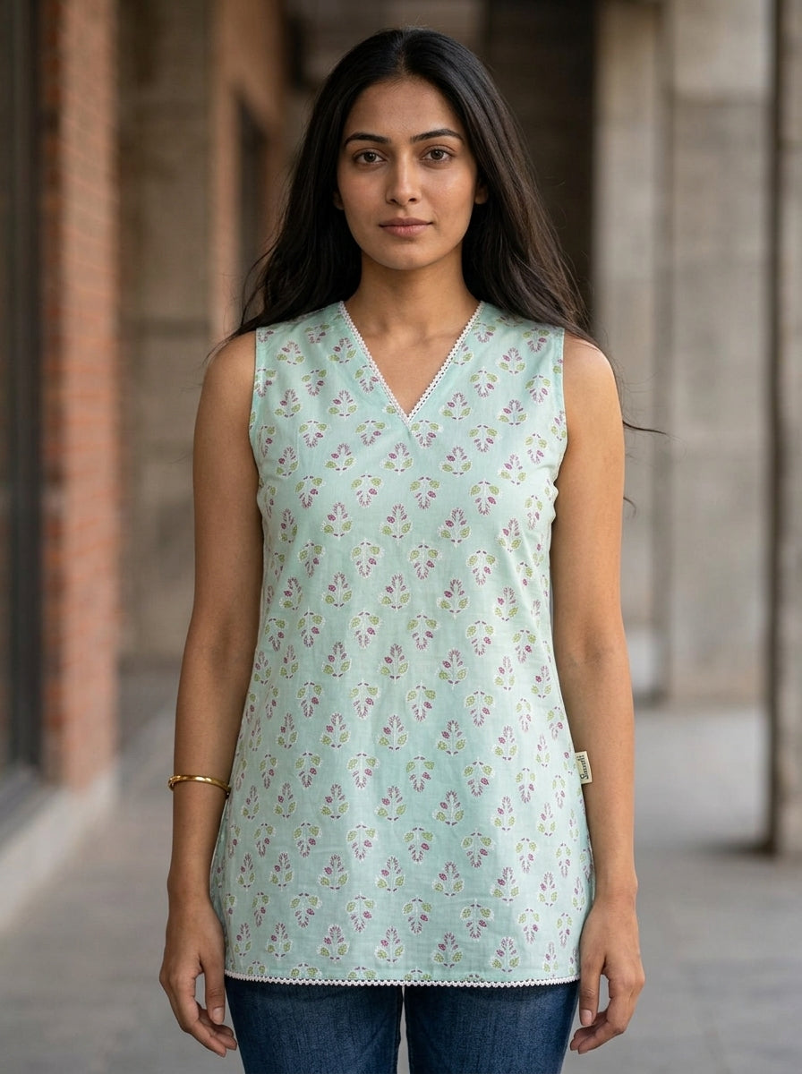 Mint Floral Cotton Lace-Back Sleeveless Top