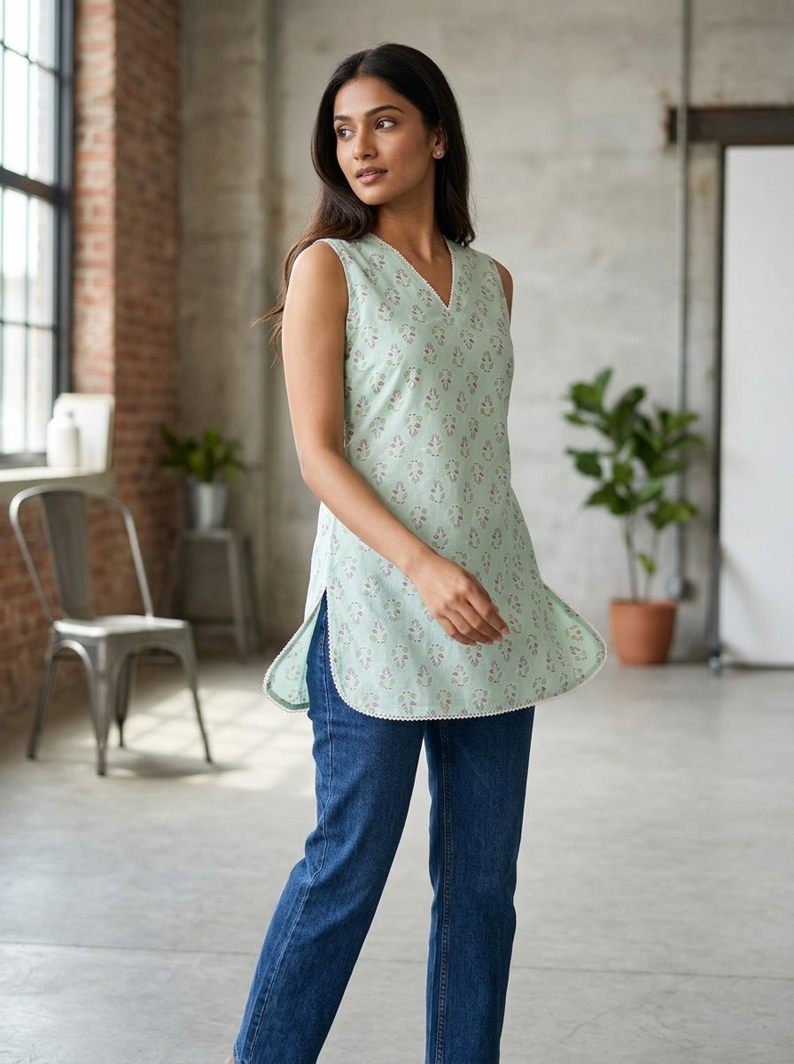 Mint Floral Cotton Lace-Back Sleeveless Top