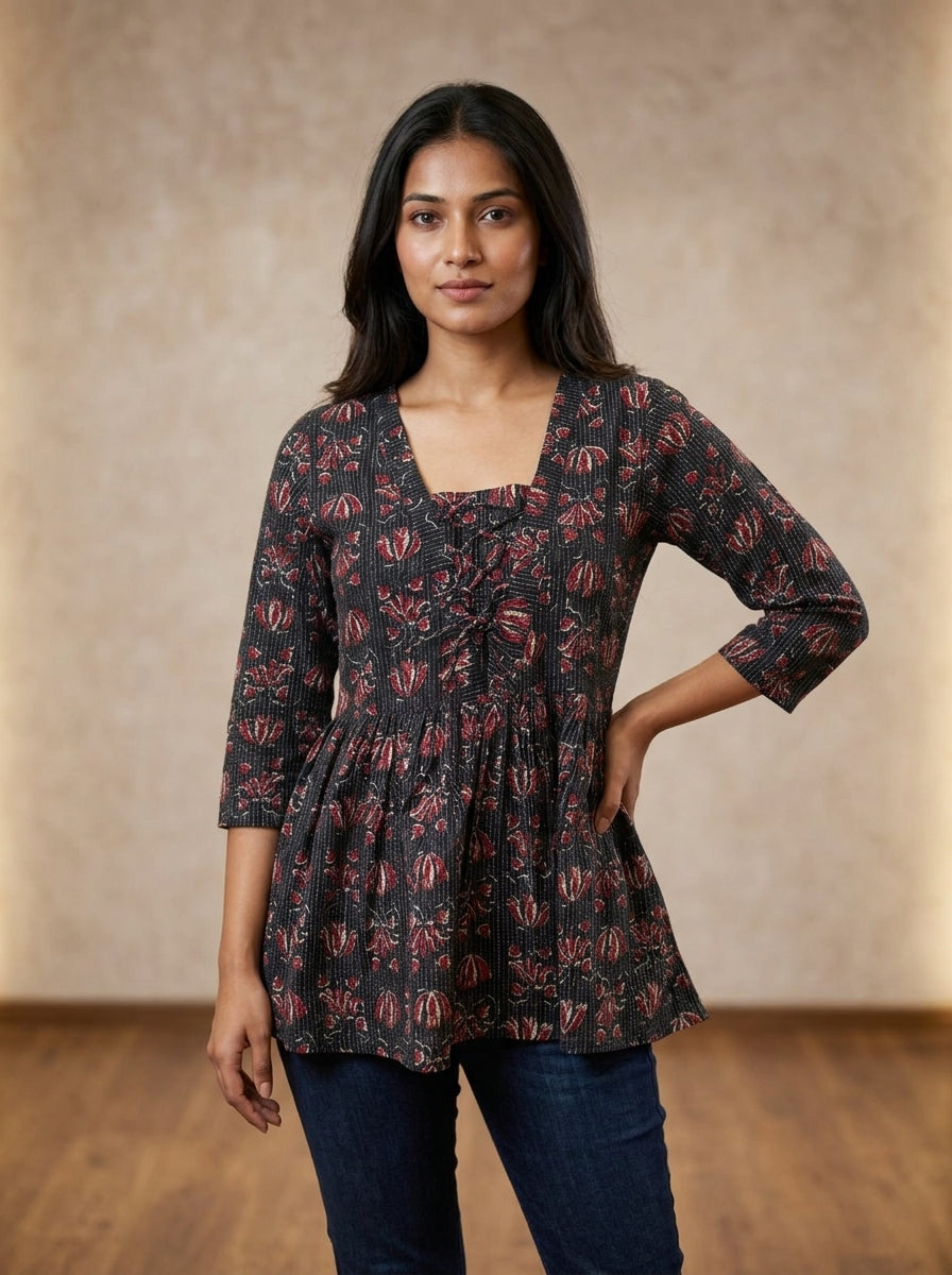 Black Floral Cotton Peplum Top