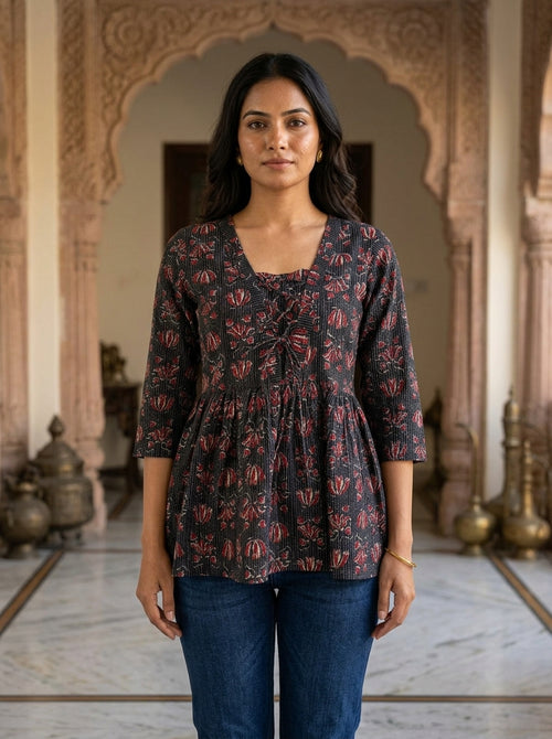 Black Floral Cotton Peplum Top