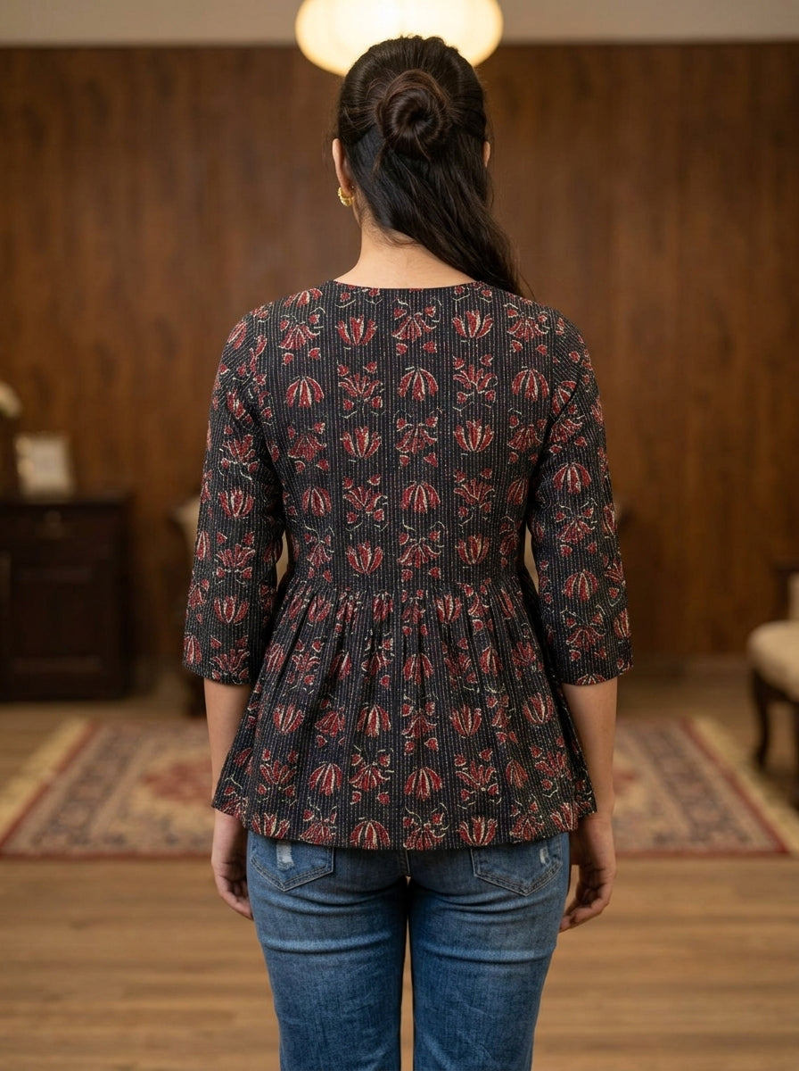 Black Floral Cotton Peplum Top