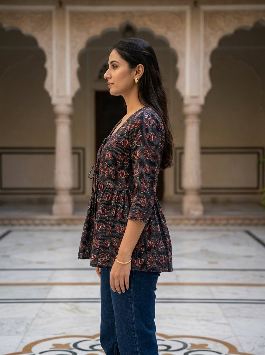 Black Floral Cotton Peplum Top