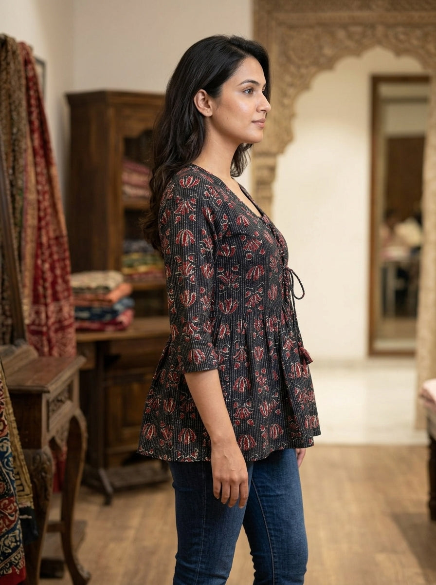 Black Floral Cotton Peplum Top