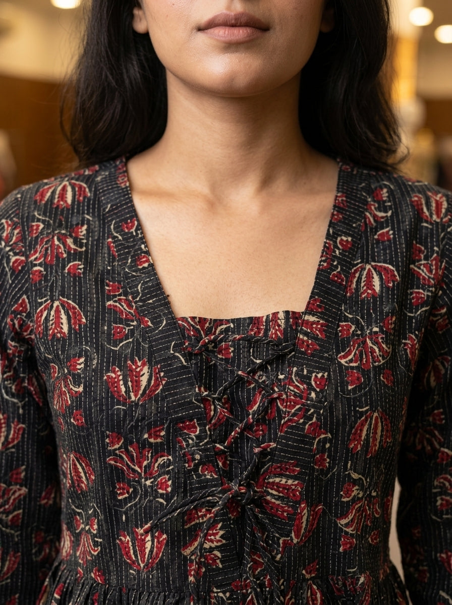 Black Floral Cotton Peplum Top