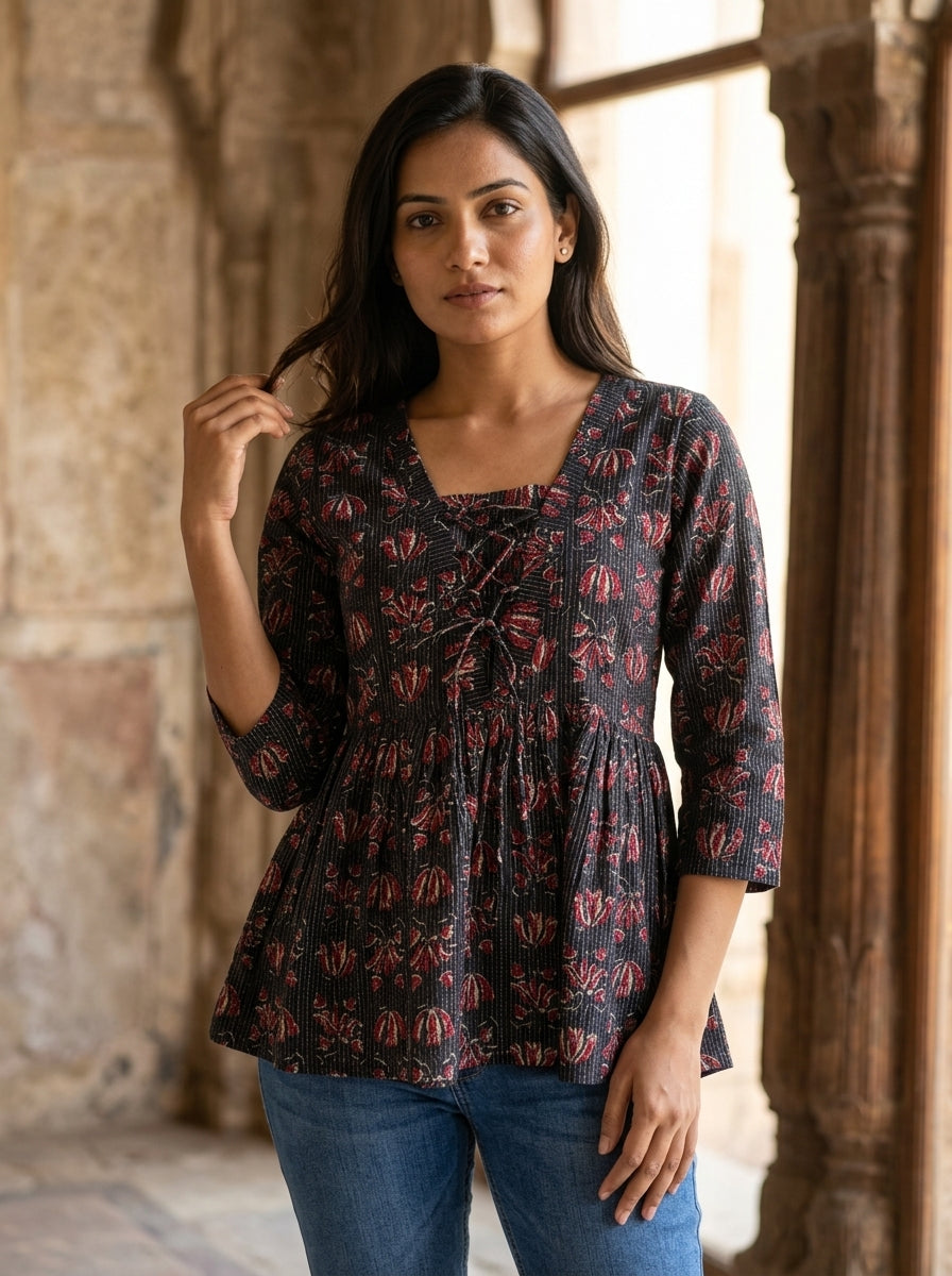 Black Floral Cotton Peplum Top