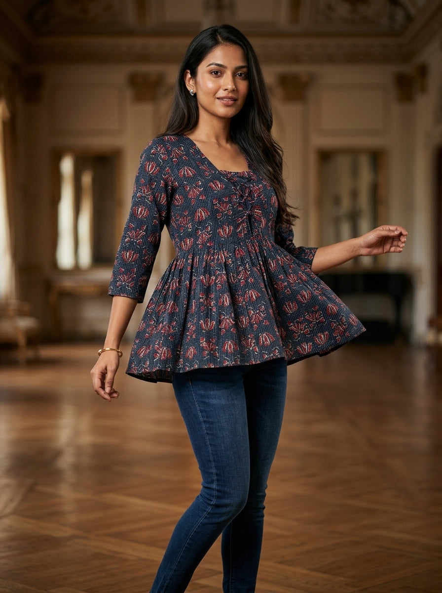Black Floral Cotton Peplum Top