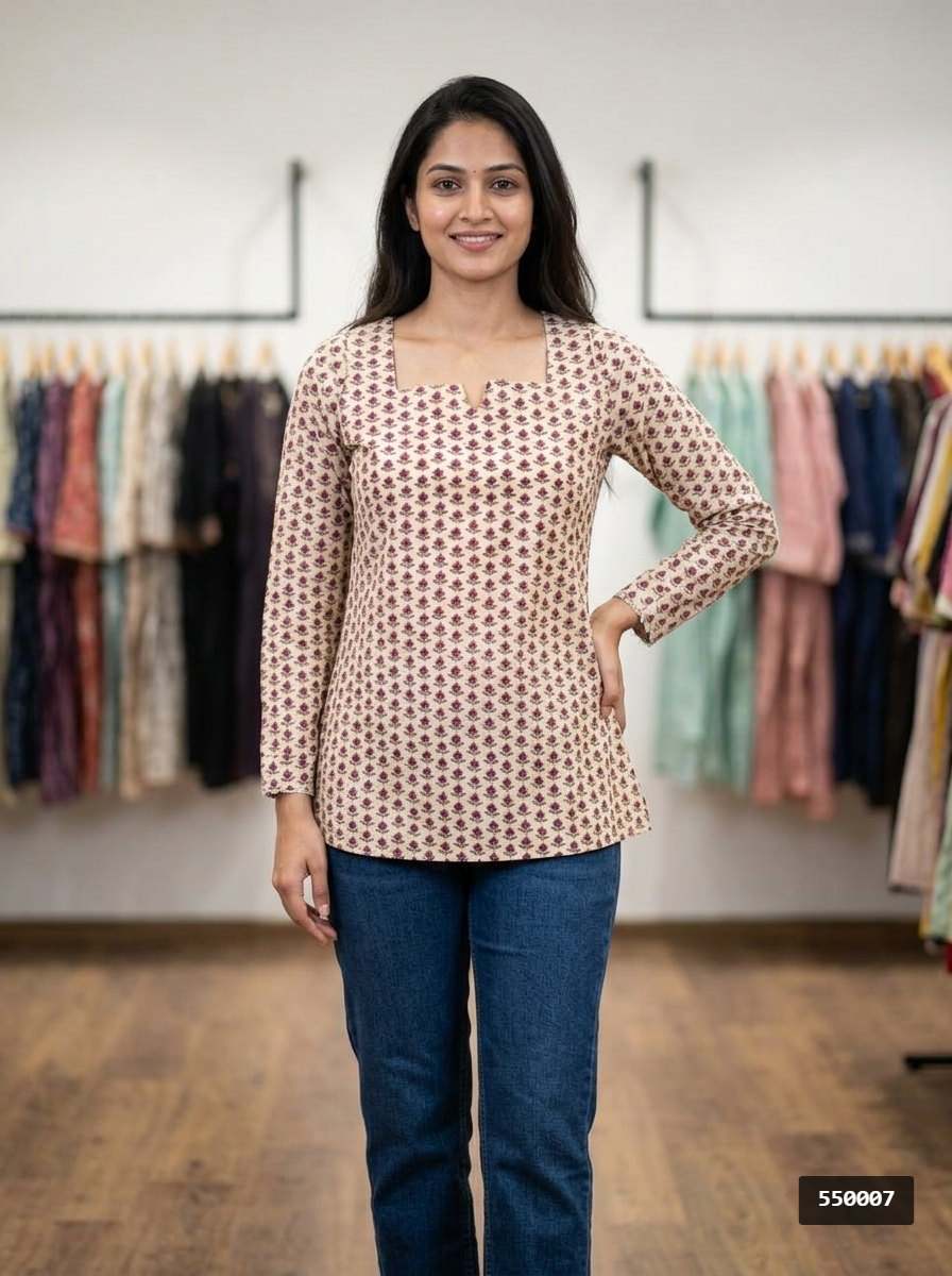 Beige Floral Cotton Notch Neck Top