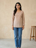 Beige Floral Cotton Notch Neck Top