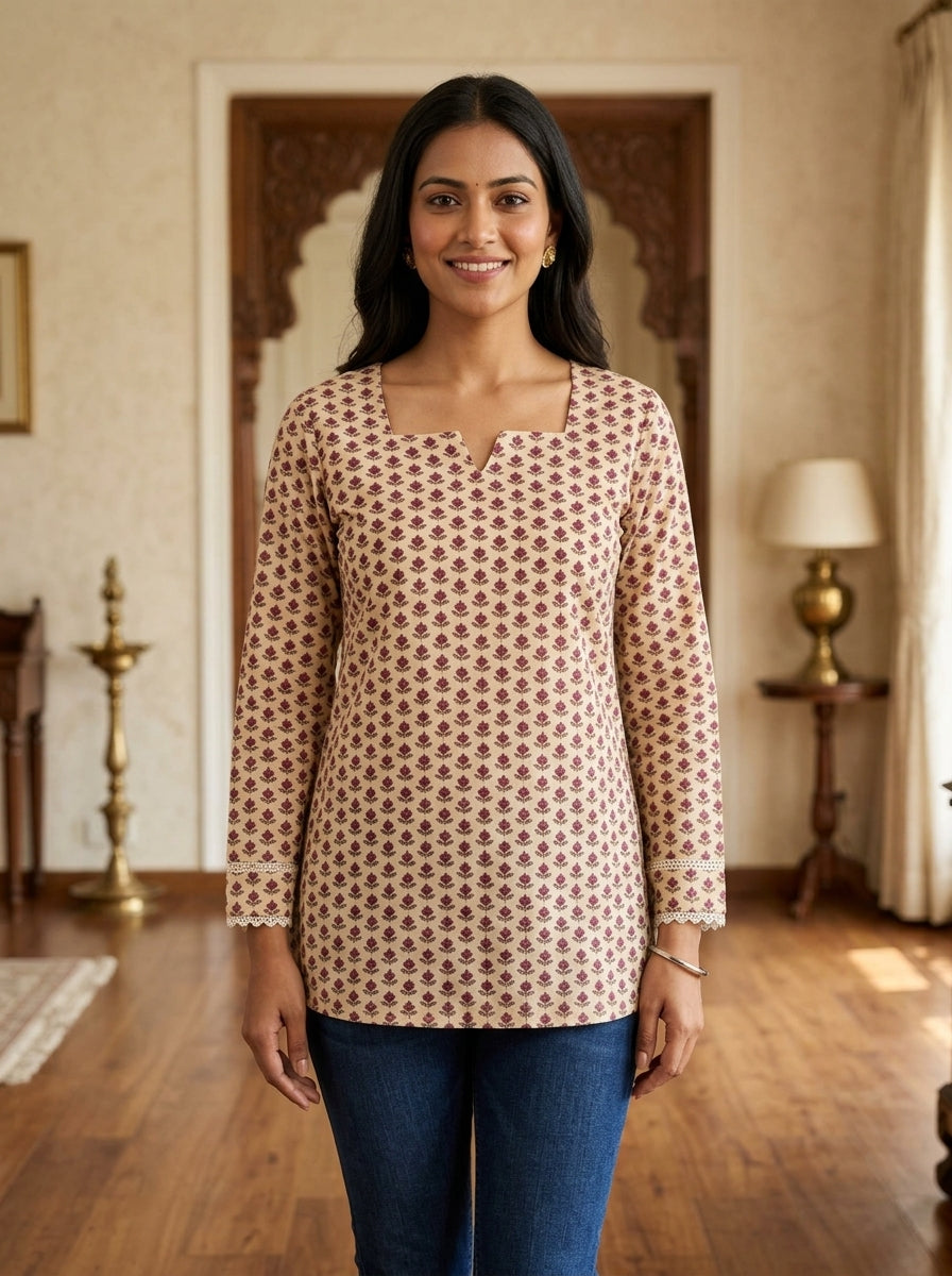 Beige Floral Cotton Notch Neck Top
