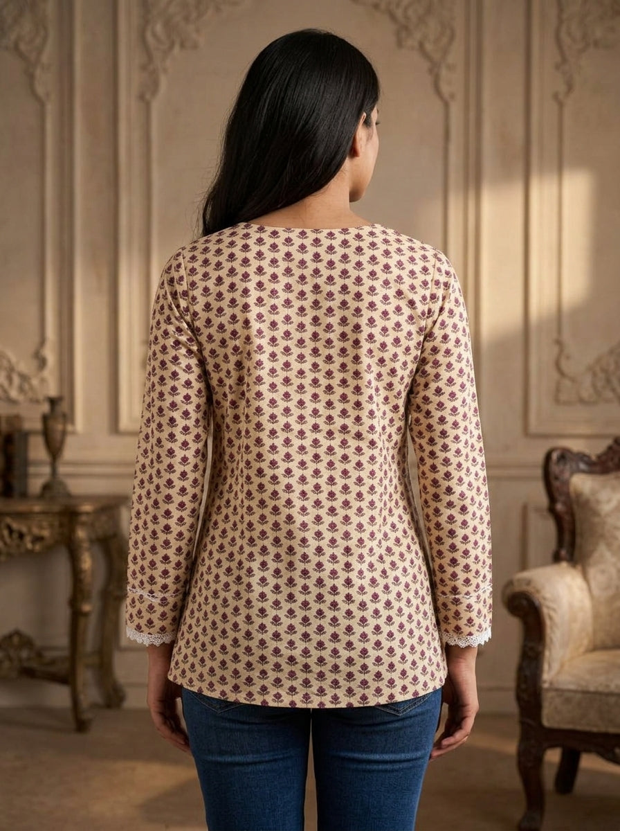 Beige Floral Cotton Notch Neck Top