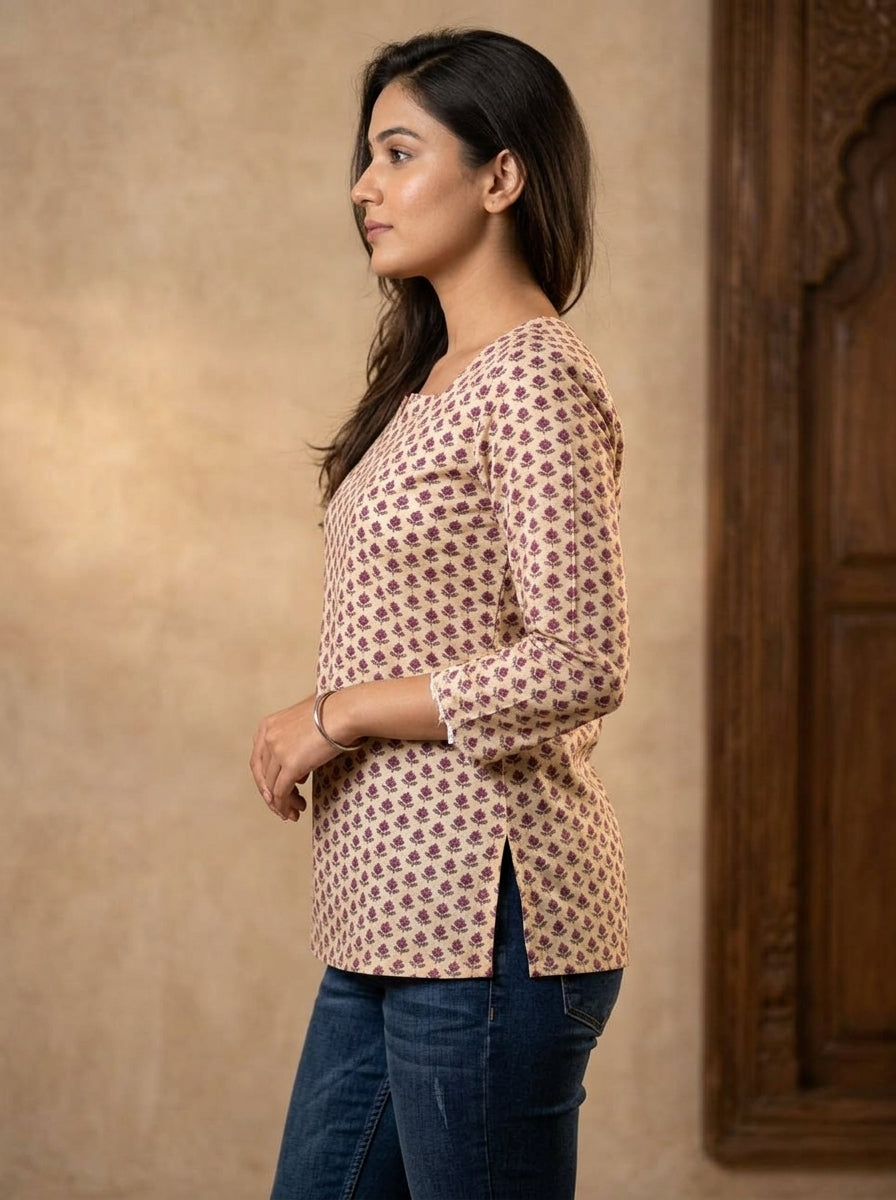 Beige Floral Cotton Notch Neck Top