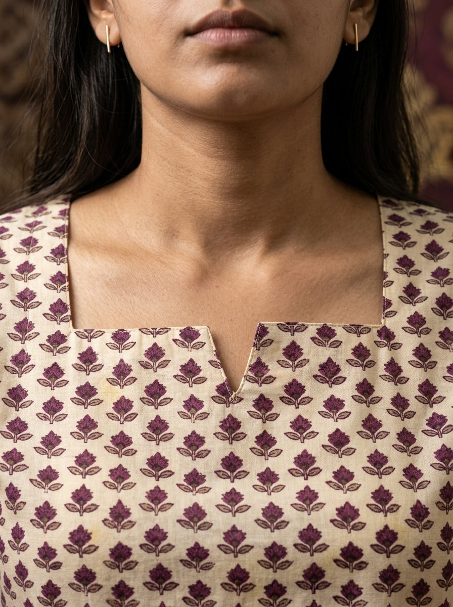 Beige Floral Cotton Notch Neck Top