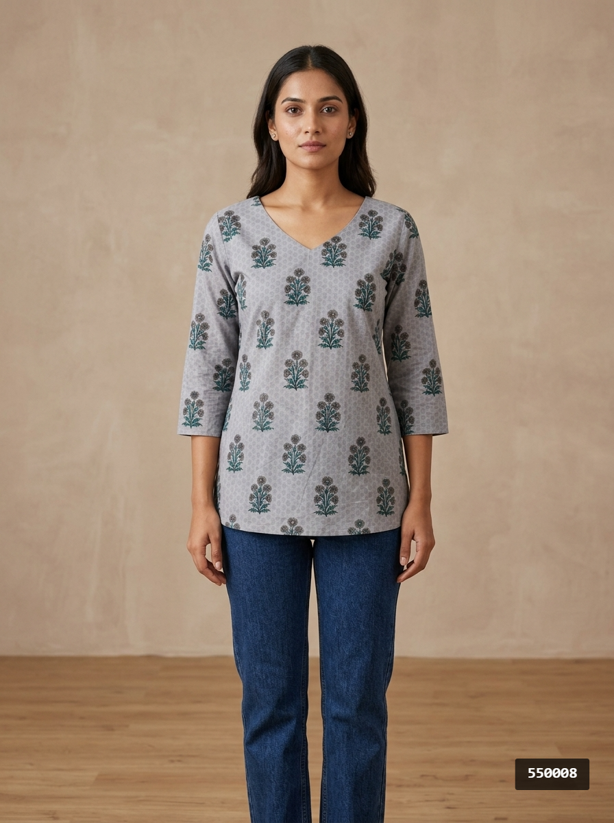 Grey Floral Cotton V-Neck Top