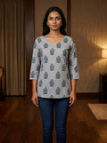 Grey Floral Cotton V-Neck Top