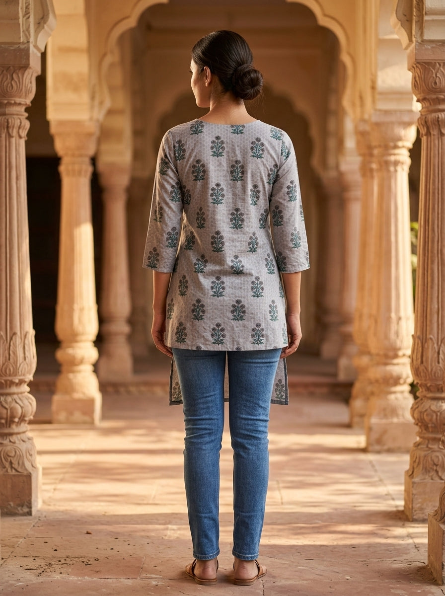 Grey Floral Cotton V-Neck Top