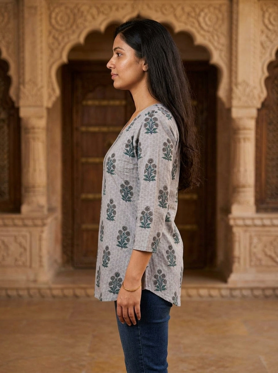 Grey Floral Cotton V-Neck Top