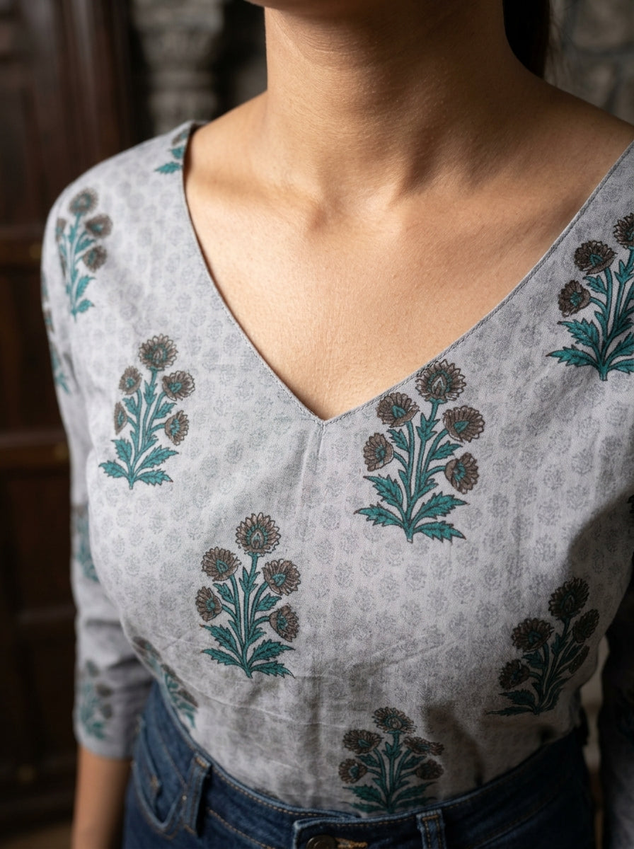 Grey Floral Cotton V-Neck Top