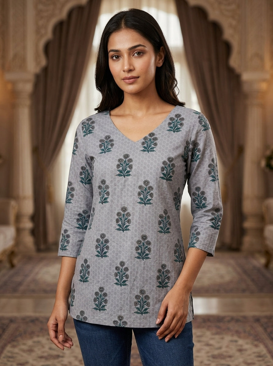 Grey Floral Cotton V-Neck Top