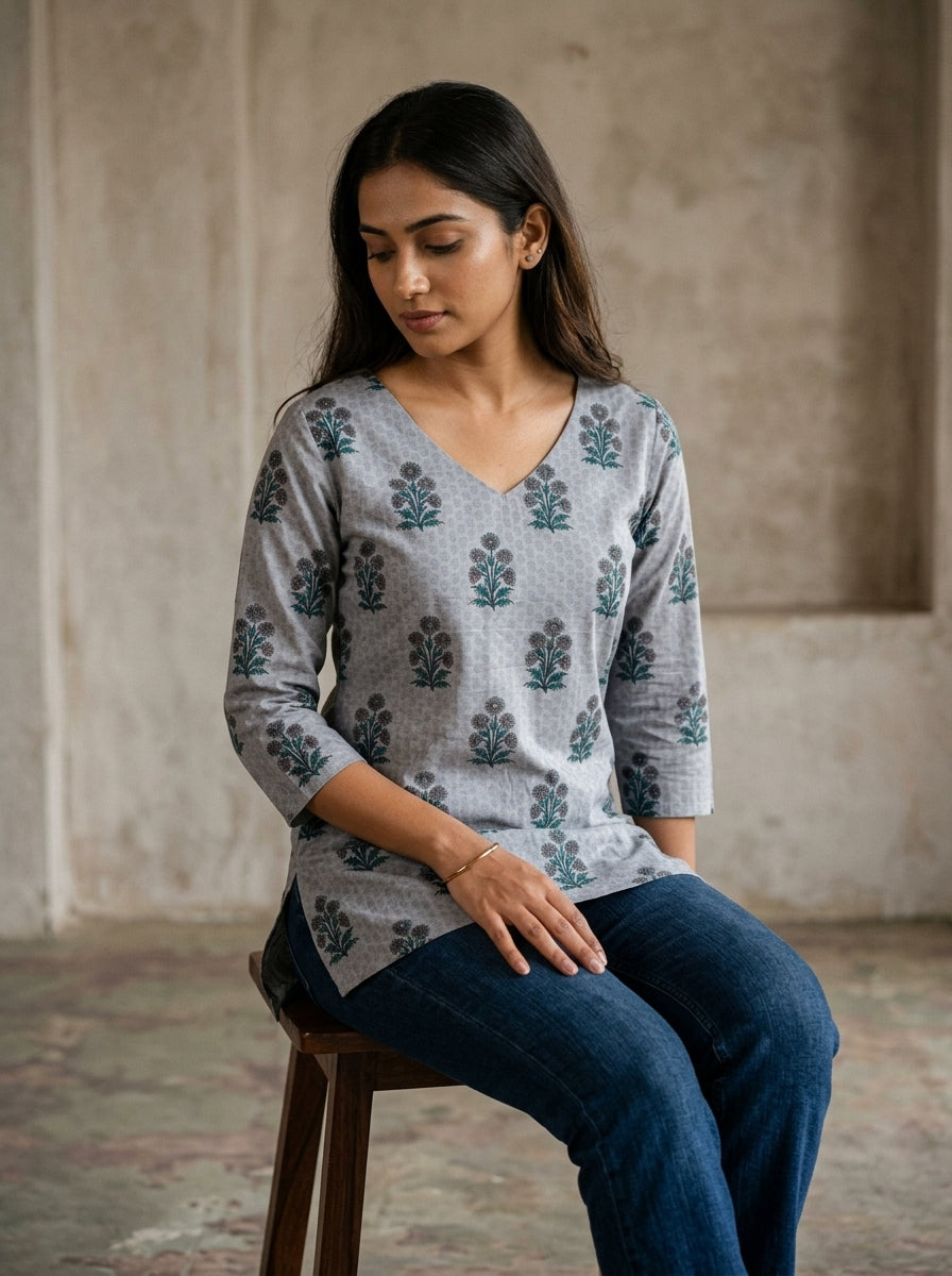 Grey Floral Cotton V-Neck Top