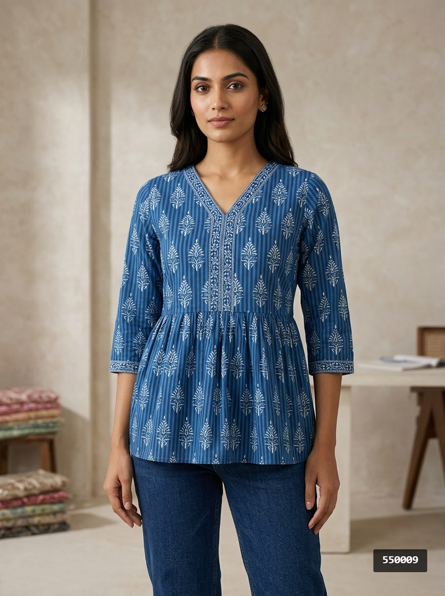 Blue Cotton Printed Peplum Top