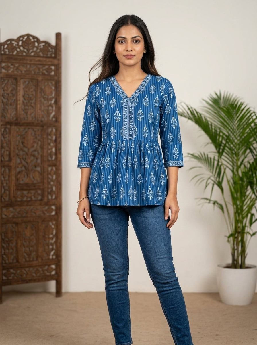 Blue Cotton Printed Peplum Top
