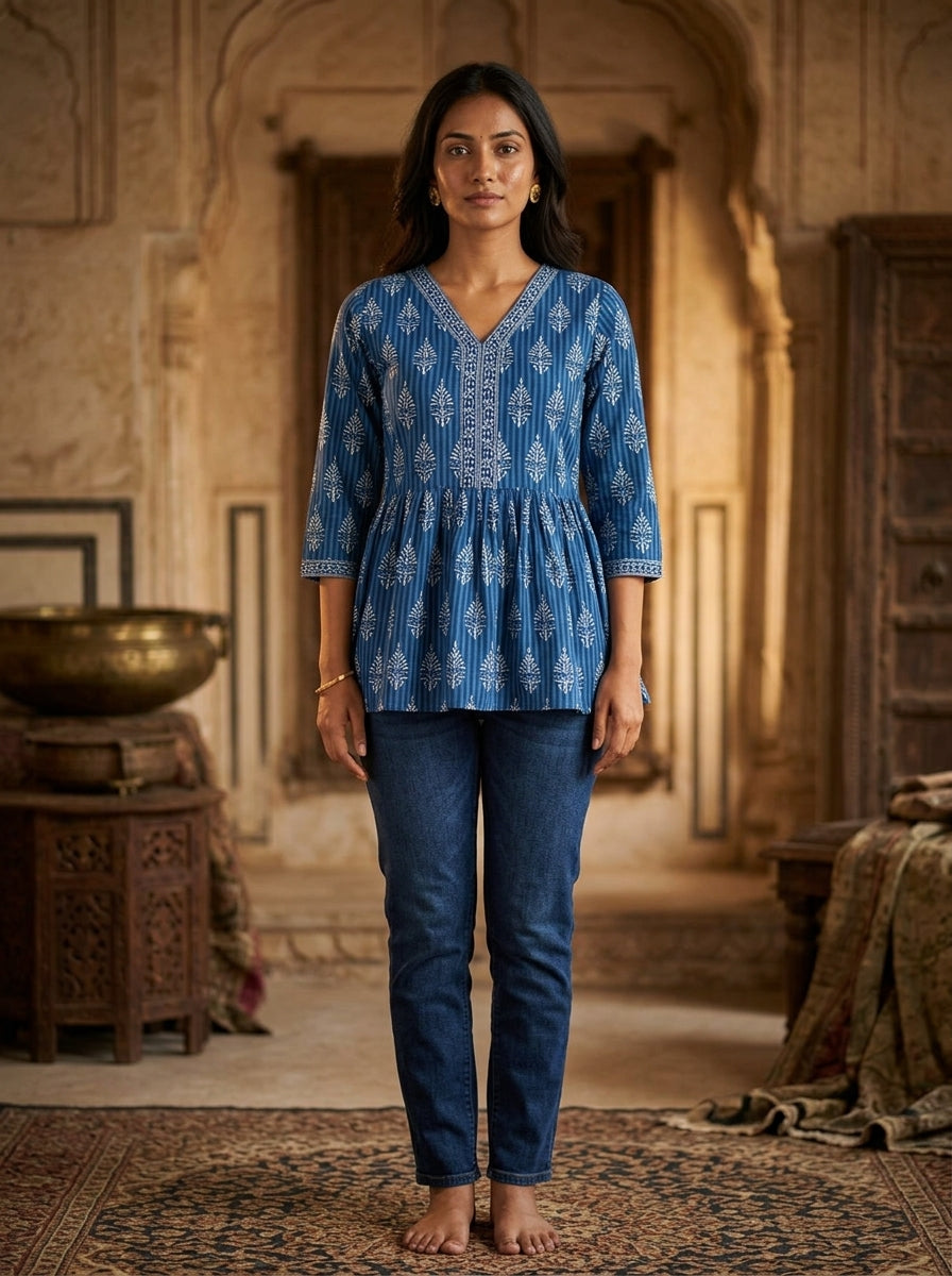 Blue Cotton Printed Peplum Top