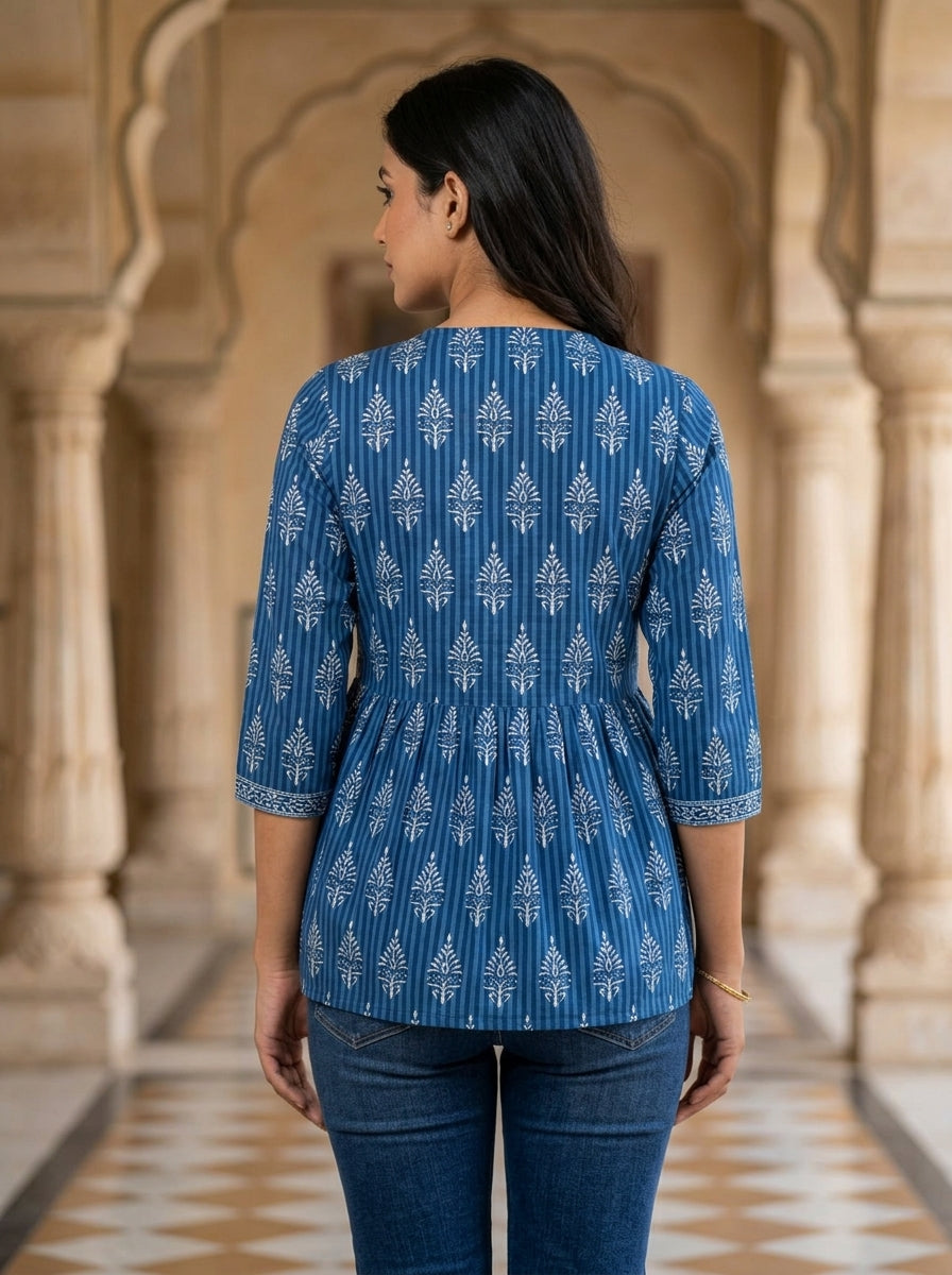Blue Cotton Printed Peplum Top