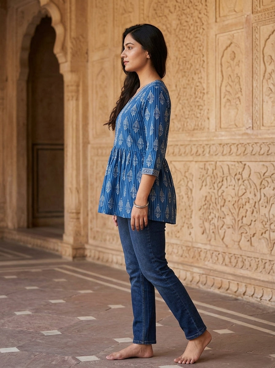 Blue Cotton Printed Peplum Top