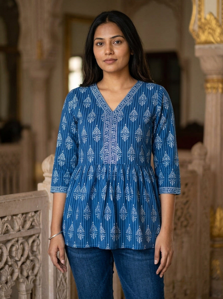 Blue Cotton Printed Peplum Top