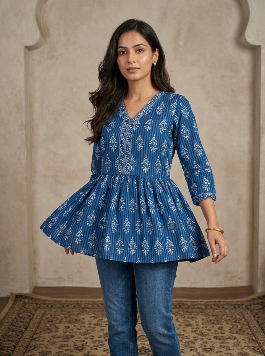 Blue Cotton Printed Peplum Top