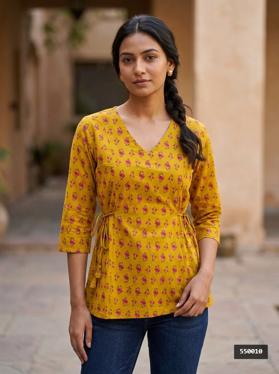 Mustard Floral Cotton Tie-Up Top