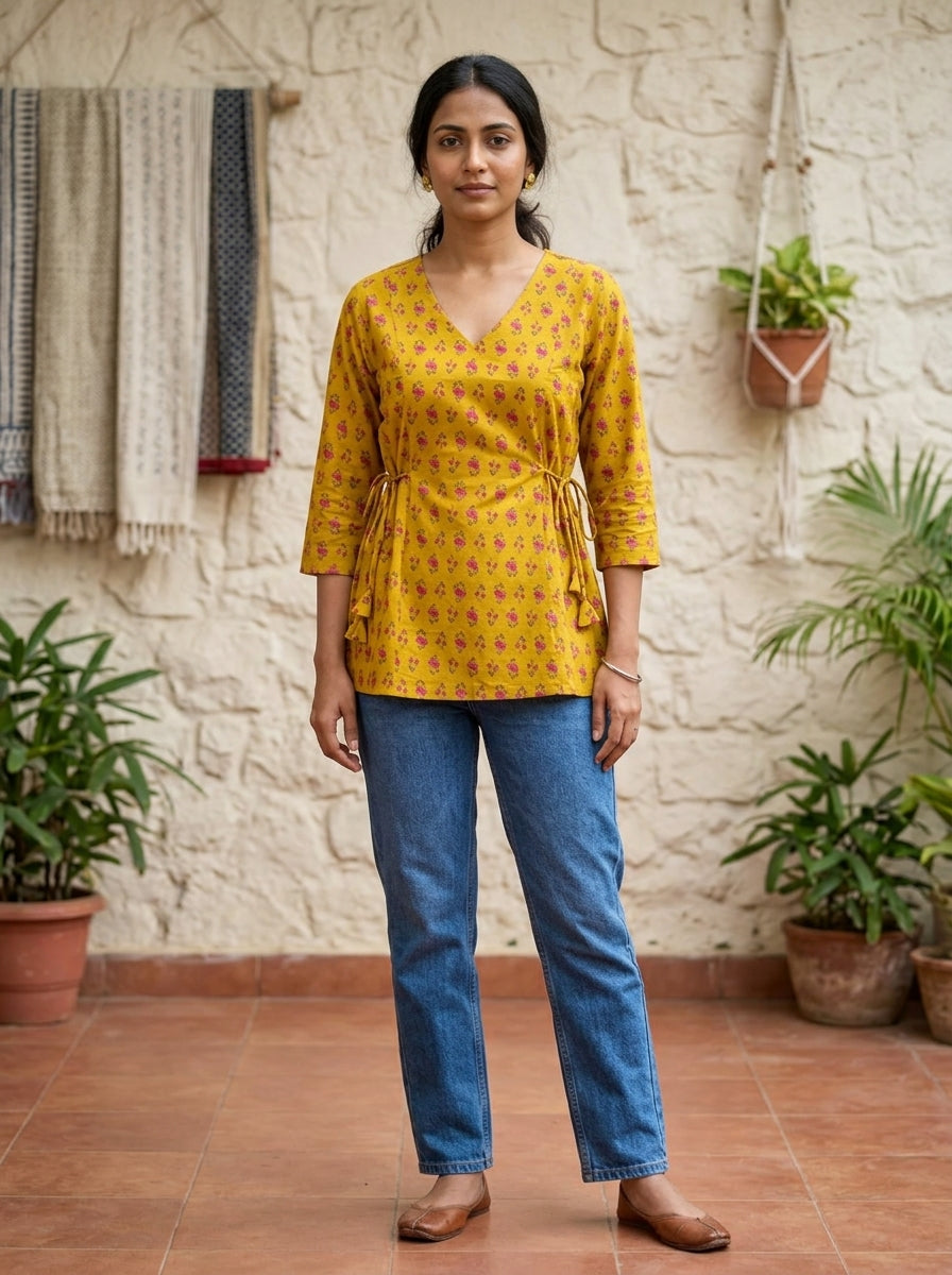 Mustard Floral Cotton Tie-Up Top