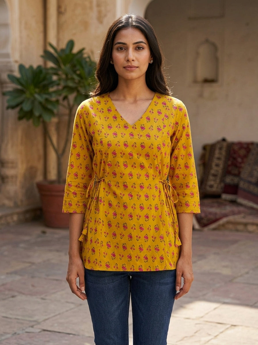 Mustard Floral Cotton Tie-Up Top