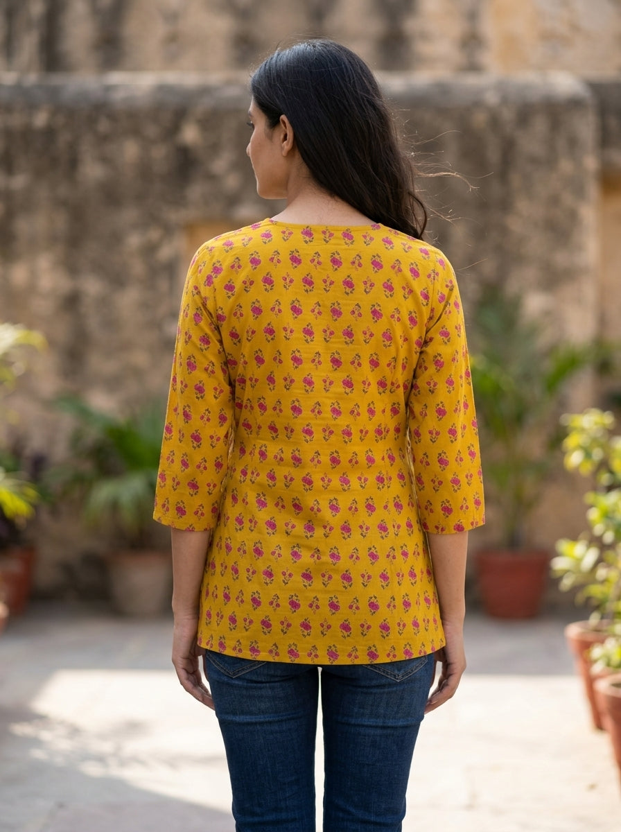 Mustard Floral Cotton Tie-Up Top