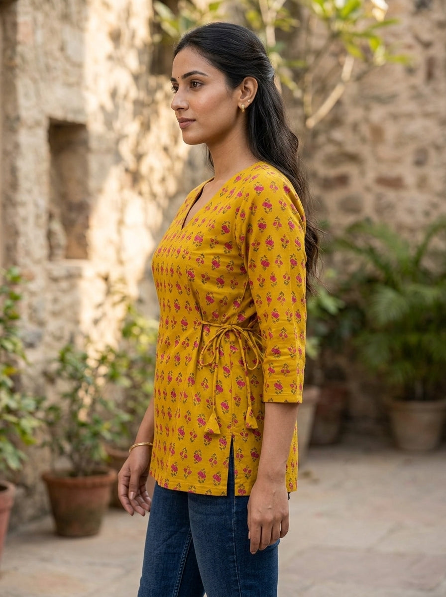 Mustard Floral Cotton Tie-Up Top