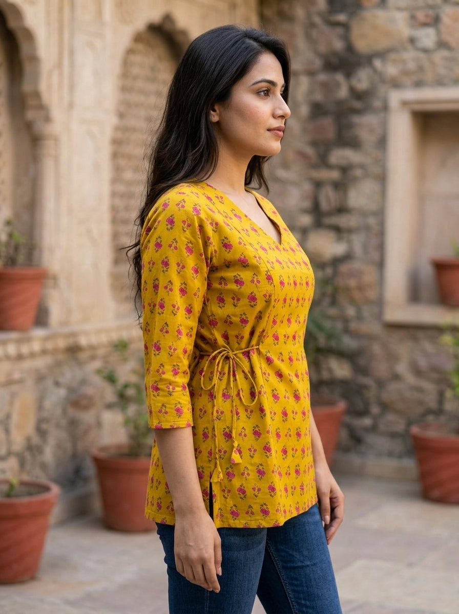 Mustard Floral Cotton Tie-Up Top