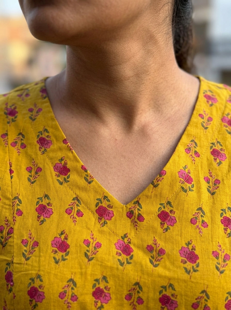 Mustard Floral Cotton Tie-Up Top