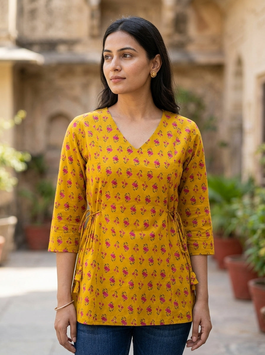 Mustard Floral Cotton Tie-Up Top