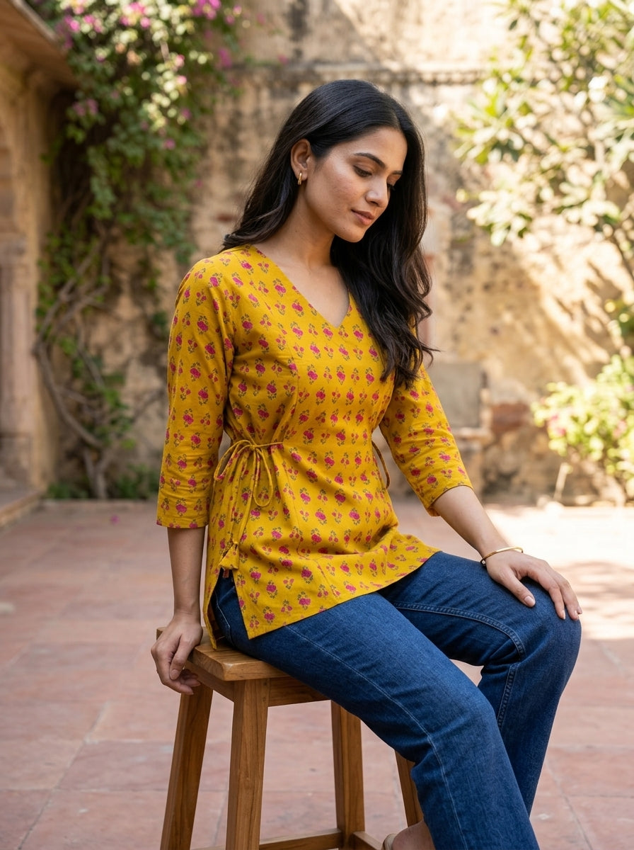 Mustard Floral Cotton Tie-Up Top