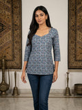 Grey Floral Cotton Sweetheart Neck Top